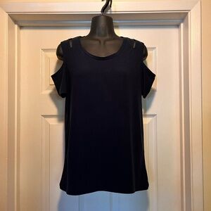 Glitz lightweight navy blue cold shoulder top.  Large.